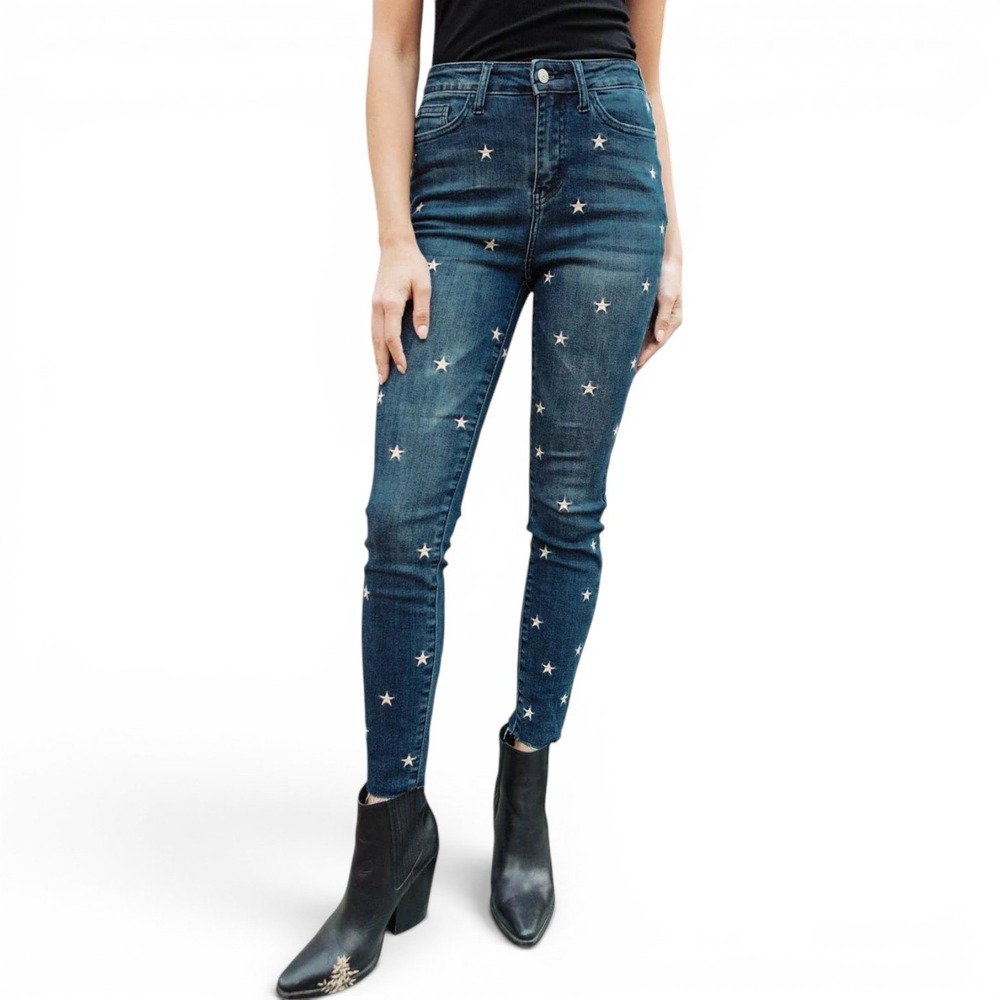 Judy Blue High Rise Embroidered Stars Starlight Skinnies Womens 14W Raw Hem Jean